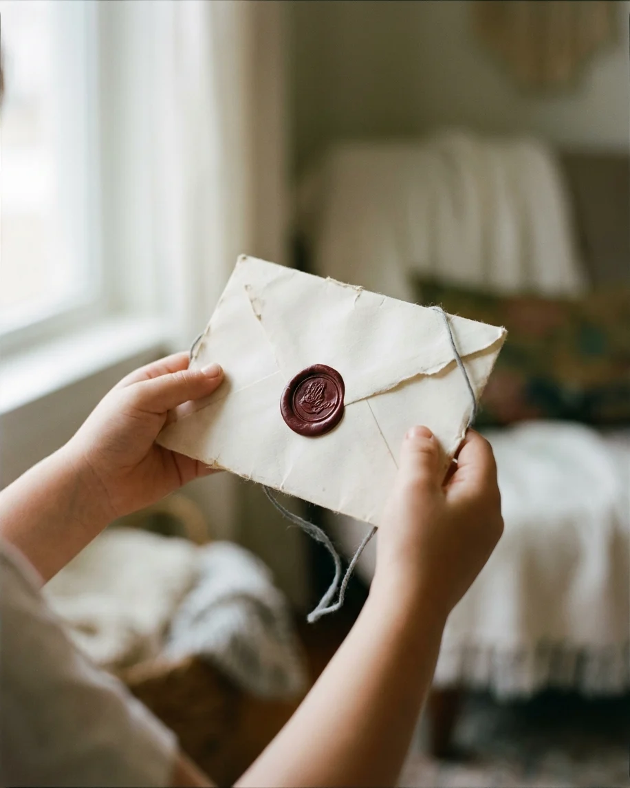 A child's hands holding a single wax-sealed envelope