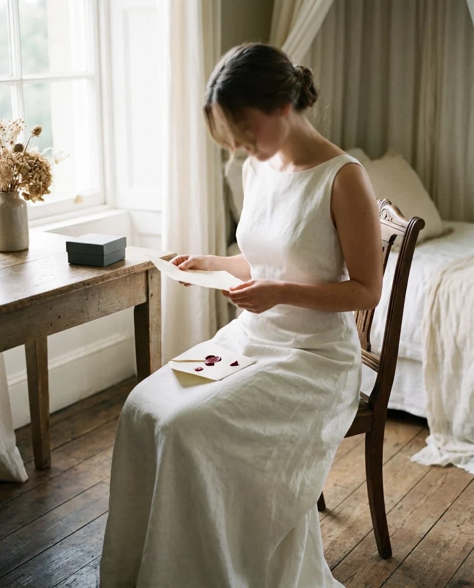 A woman in white reading a letter on her wedding morning
