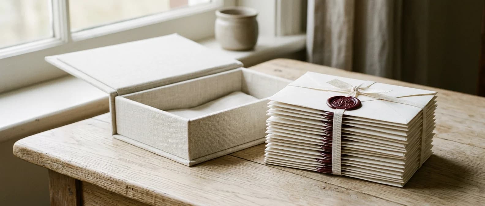 A linen keepsake case beside a ribbon-tied stack of wax-sealed letters