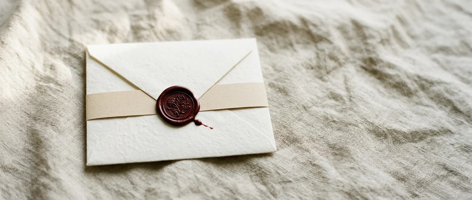 One envelope with a crimson wax seal, resting on linen